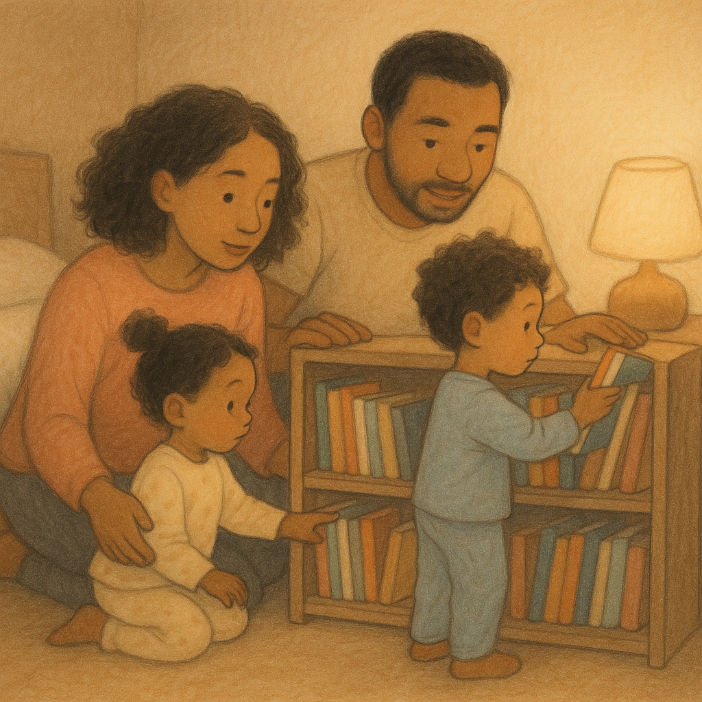 Família escolhendo dois livros em prateleira baixa no quarto