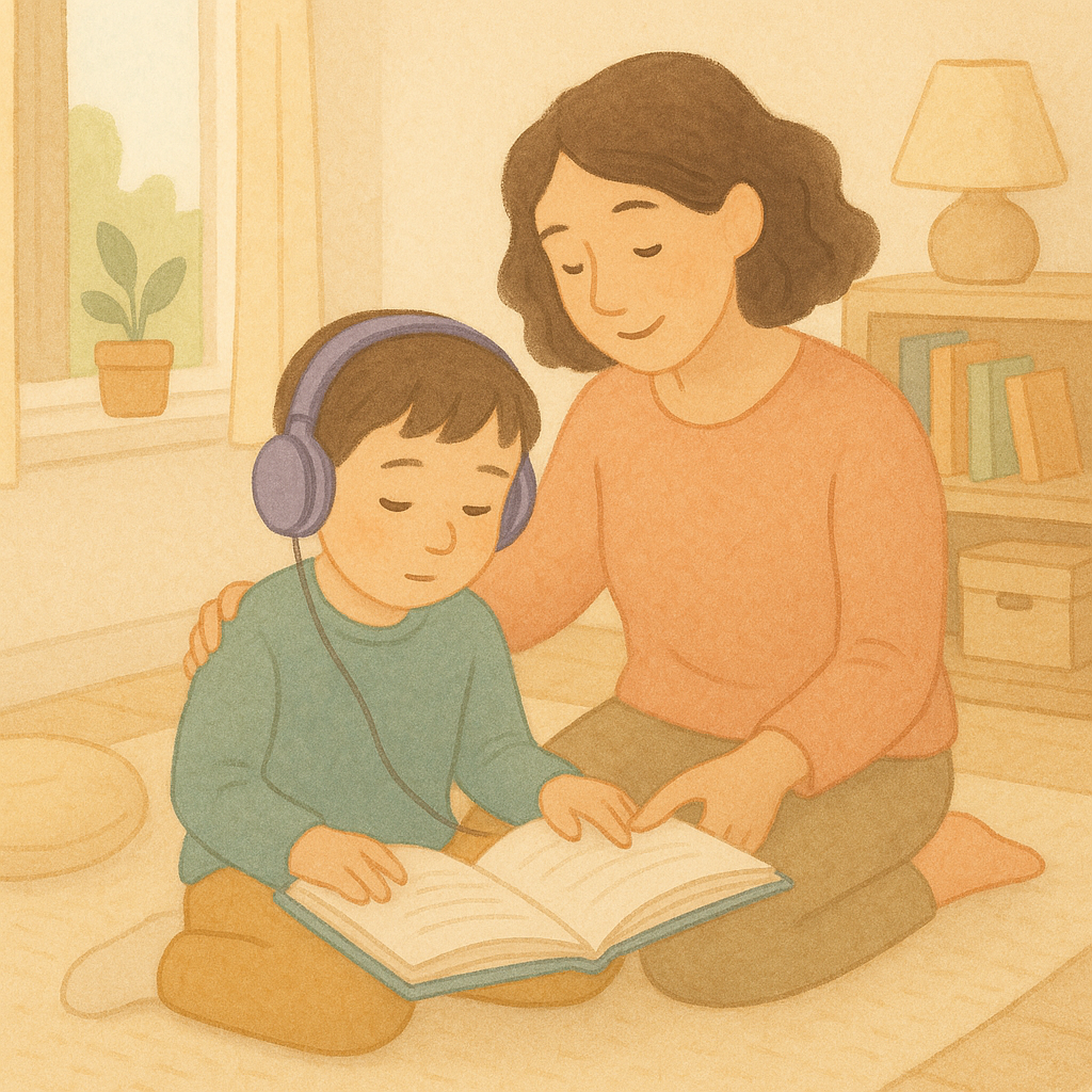 Criança neurodiversa lê com fones ao lado de cuidador em ambiente calmo