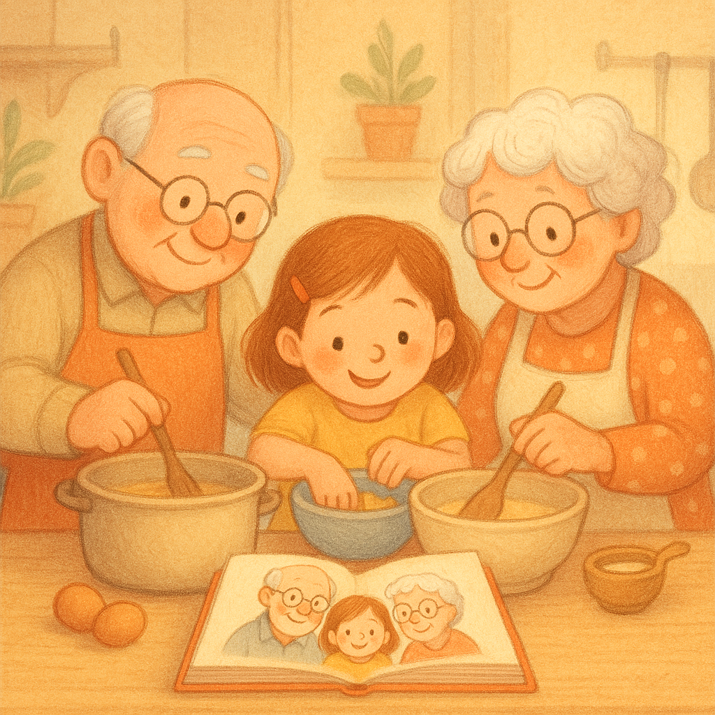 Avós e neto cozinham com um livro personalizado aberto na mesa