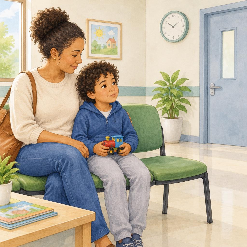 Ilustração de criança com um trem familiar e sua mãe na sala de espera